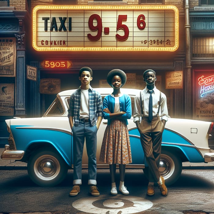 Nostalgic Scene: Teenage Black Kids by Classic Taxi Cab on Retro Street