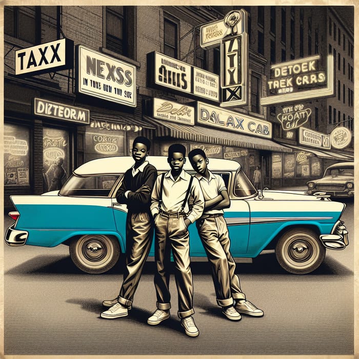 Nostalgic Niche Art: Teenagers by Classic Taxi in Retro Street