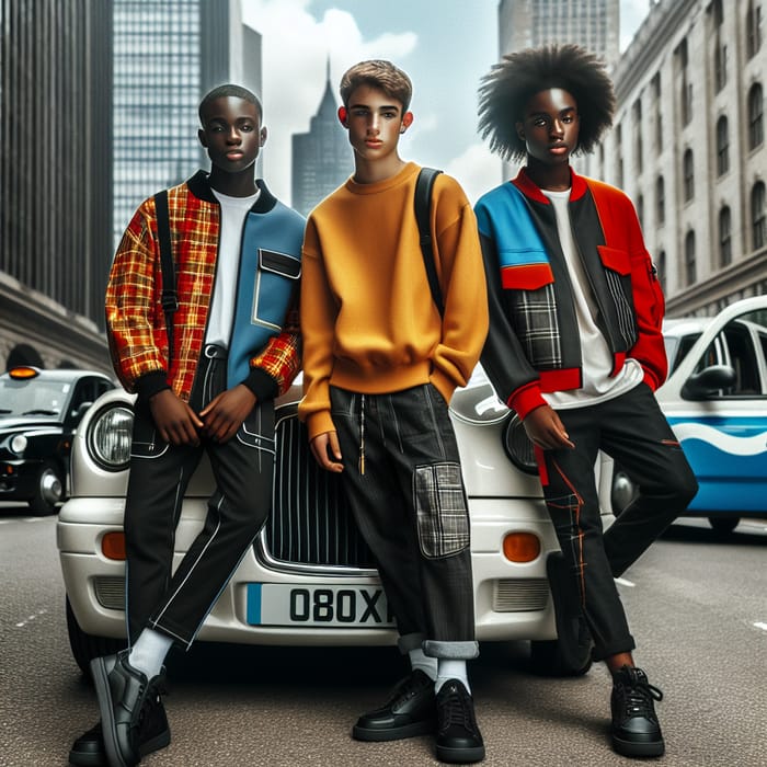 Vibrant Urban Fashion Teens Pose by Blue Taxi | Cityscape Photoshoot
