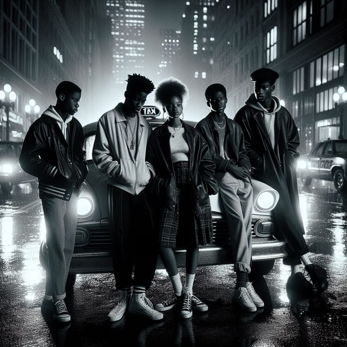 Vintage Streetwear Style: African American Teens in Urban Night Scene