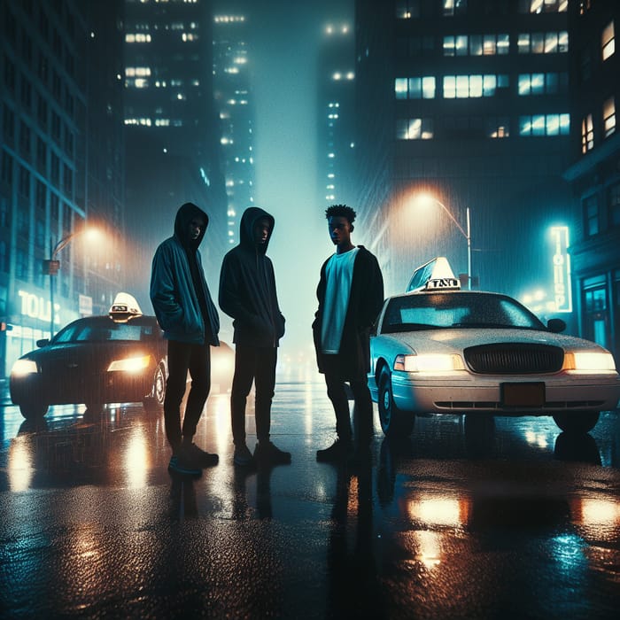 Moody Urban Night: Teenage Black Kids by Taxi Cab in Rainy City