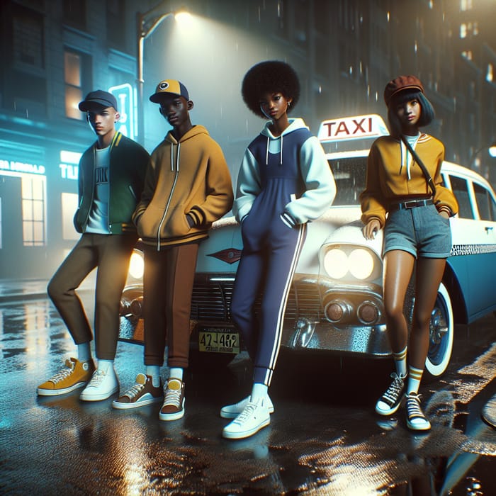 Moody Urban Teens in Trendy Streetwear by Vintage Taxi at Night