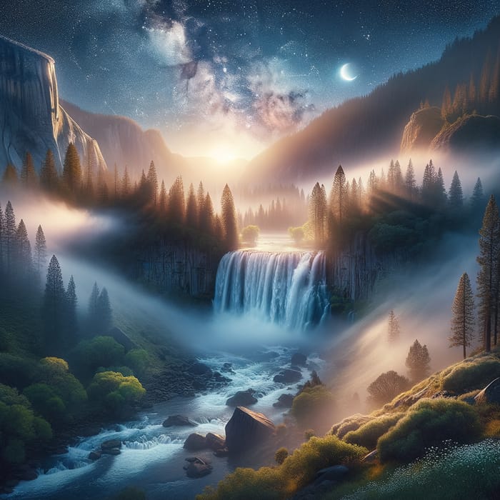 Aesthetic 8K Landscape: Waterfall, Starry Sky, Spring Beauty