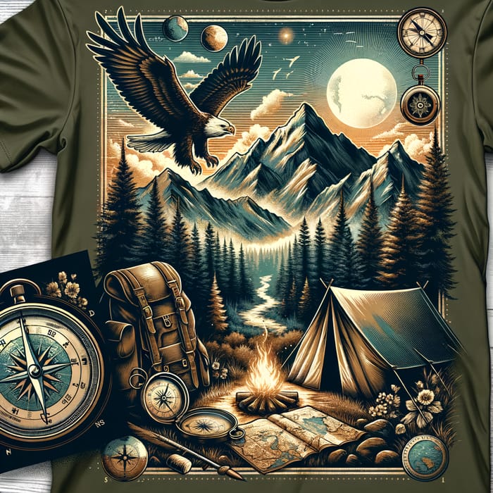 Adventure-Themed T-Shirt Design with Vintage Map, Compass, Mountain Range, Forest, and Wildlife