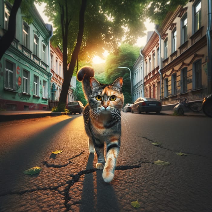 Adorable Cat Strolling Down the Street at Sunset