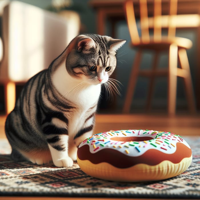 Curious Cat Enjoying Sweet Donut on Stylish Rug