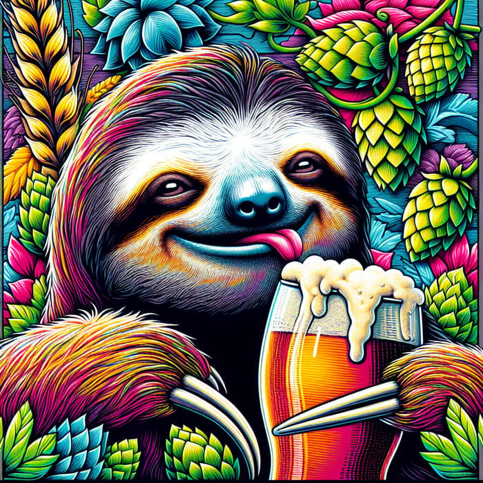 Whimsical Sloth Delighting in Beer - Craft Brewery Artwork