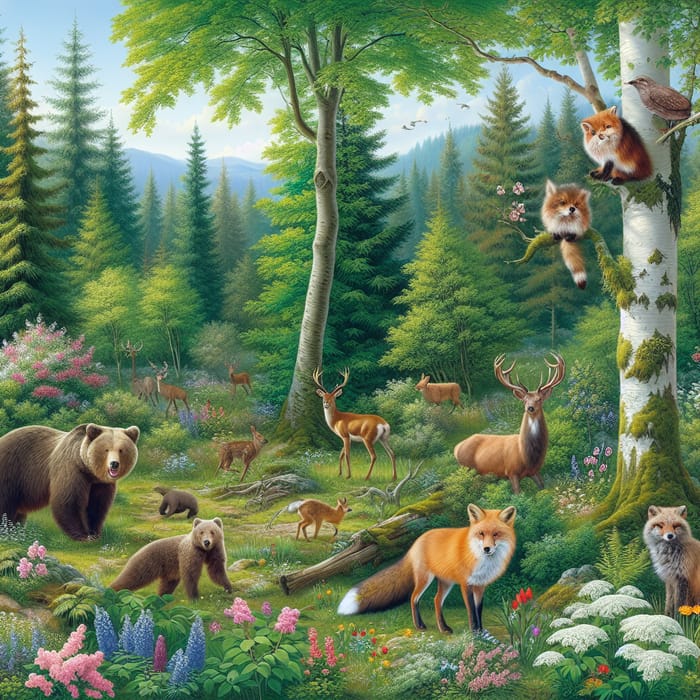 Lush Forest Scene with Diverse Wildlife and Flora