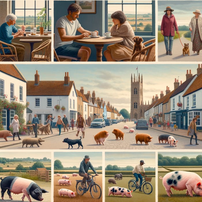 City in the Countryside with Miniature Pigs and People