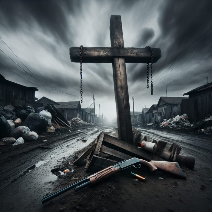 Haunting Visual of Wooden Cross and Shotgun in Worn-out Street