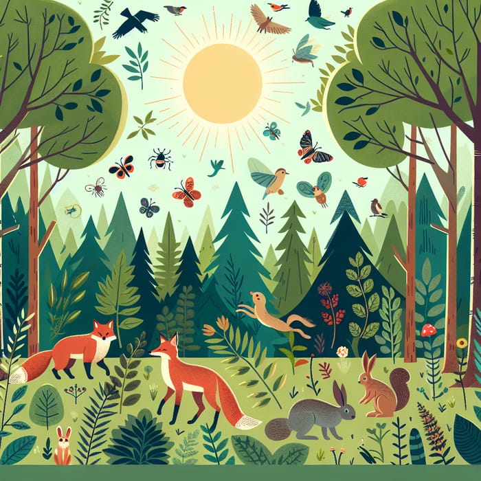 Enchanting Forest Scene with Animals, Birds, and Flora