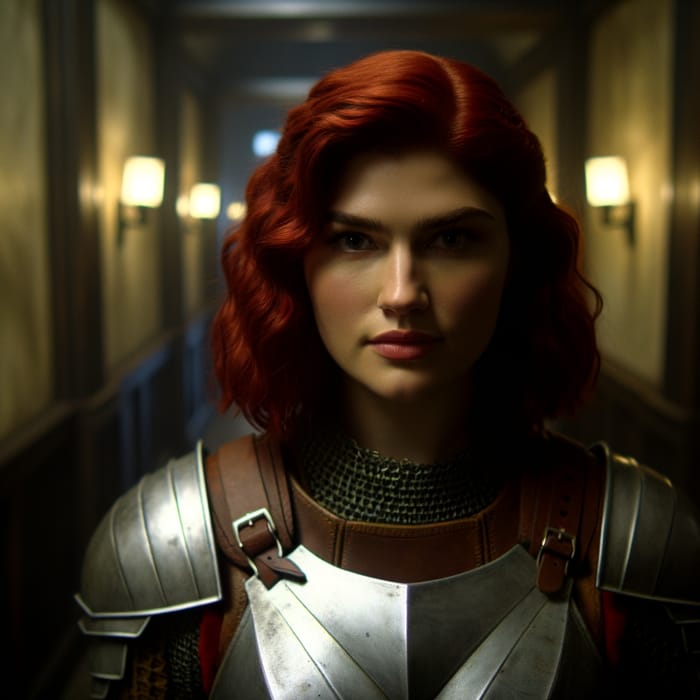 Red-Haired Woman in Armour | Powerful Pose in Dimly Lit Hallway