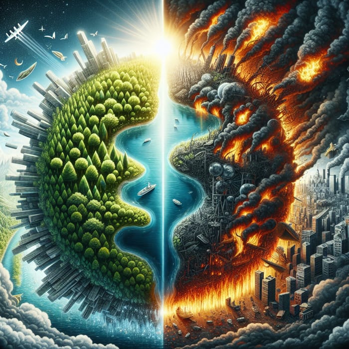 Divided Earth: Serene vs. Devastation - Exploring Contrasts