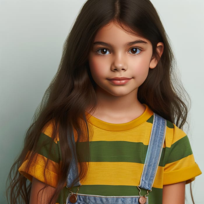 Young Hispanic Girl in Yellow and Green Striped T-Shirt with Long Brown Hair