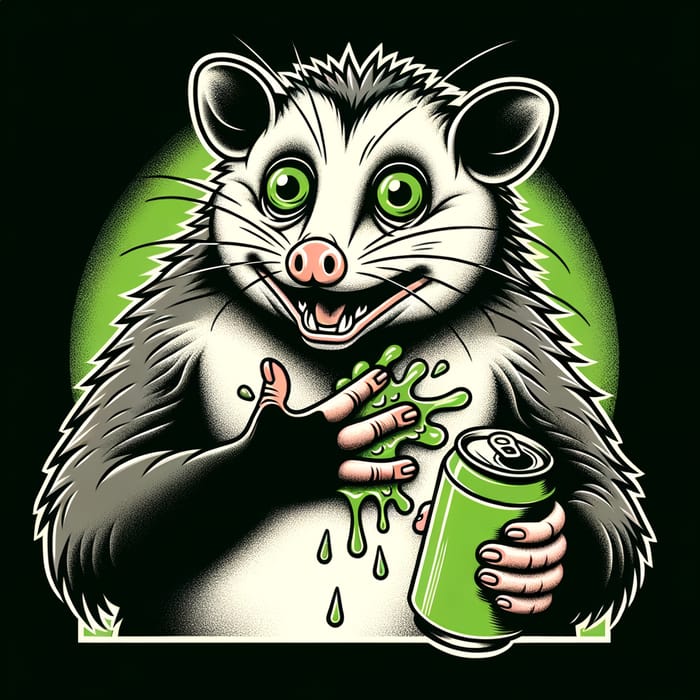 Hilarious Possum Fake Heart Attack with Mountain Dew Can in Retro Style