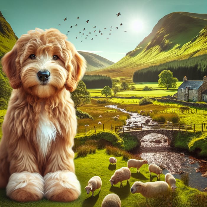 Serene Highland Landscape with Labradoodle and Sheep