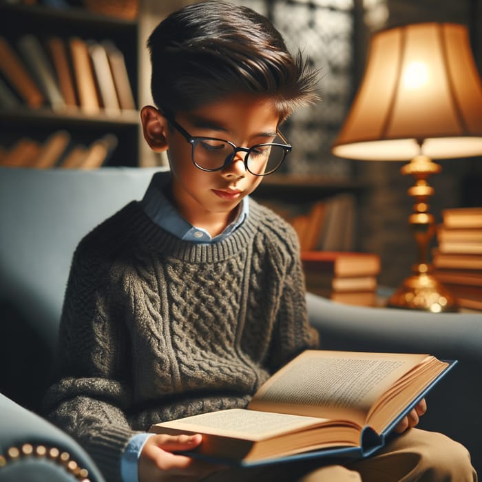 Smart South Asian Boy Reading in Cozy Room