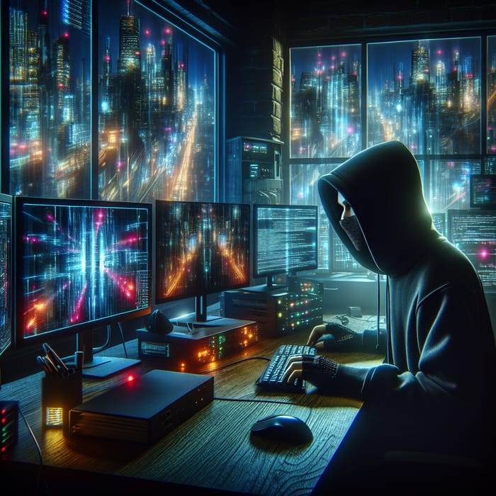 Intense Cyberpunk Hacker amid Glowing Screens and Futuristic Cityscape