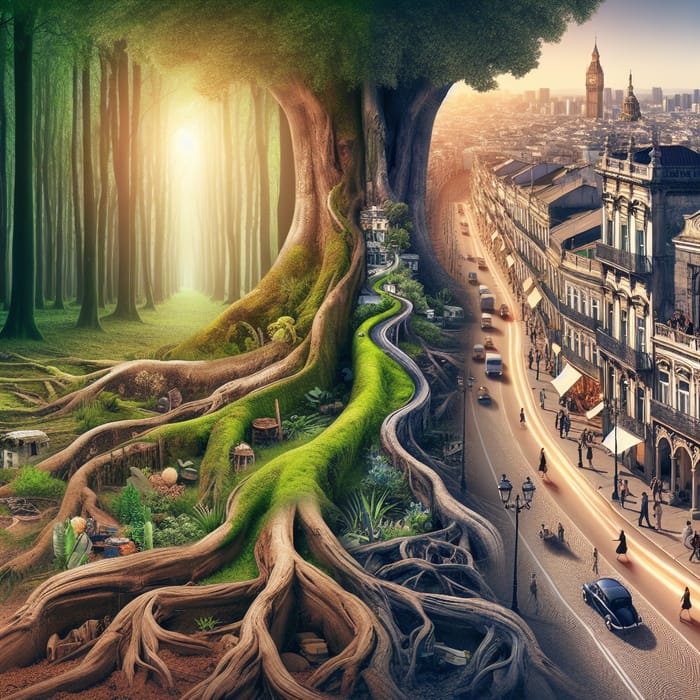 Tree Roots Merge with City Roads | Urban Transformation Scene
