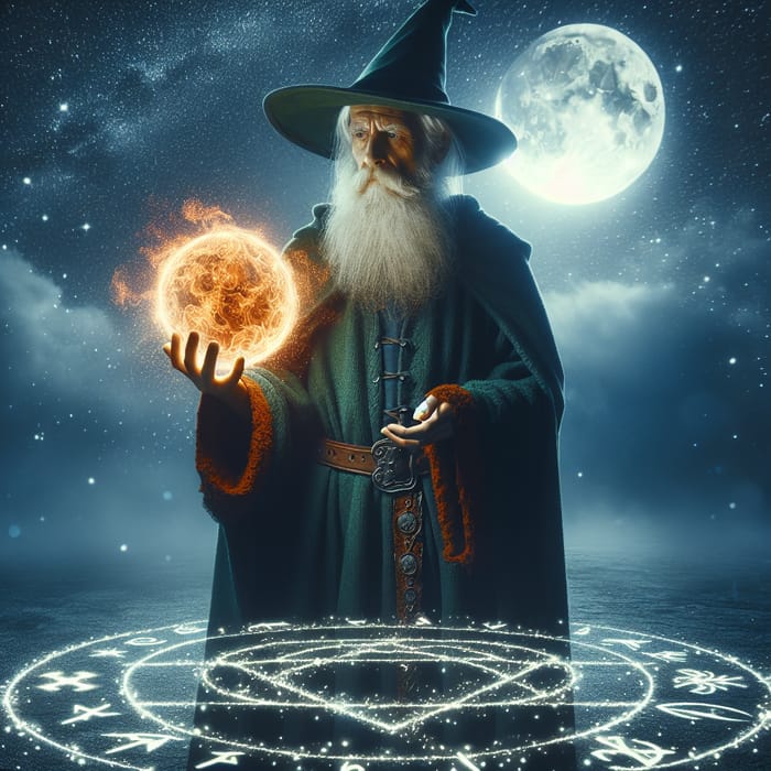 Elderly Sorcerer Casting Fireball - Mystical Night Scene