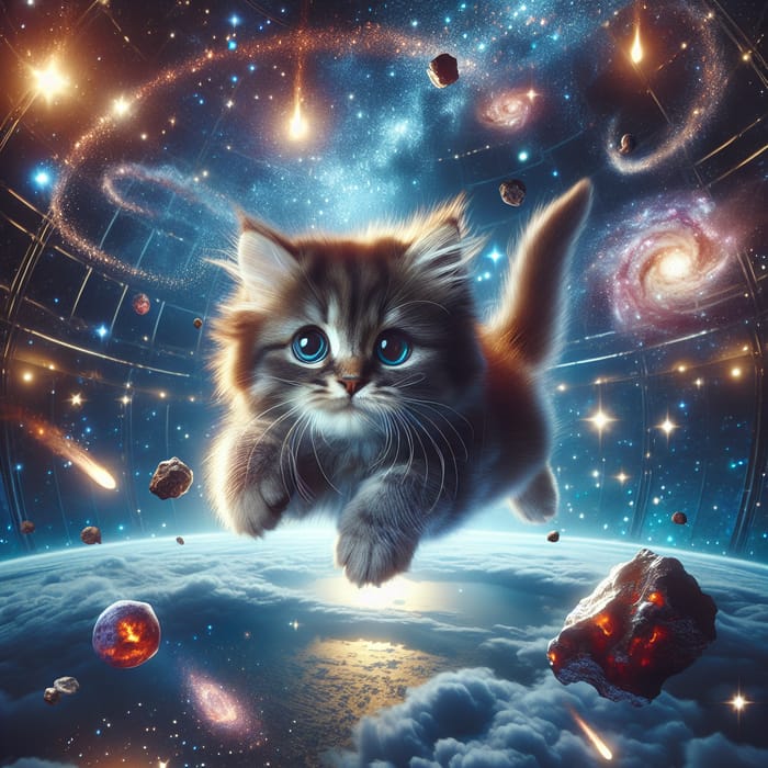 Cosmic Cat Floating in Stardust Universe
