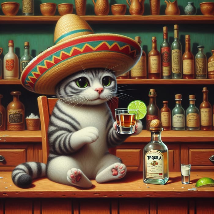 Funny Tequila Cat Cartoon Illustration | Entertaining Artwork