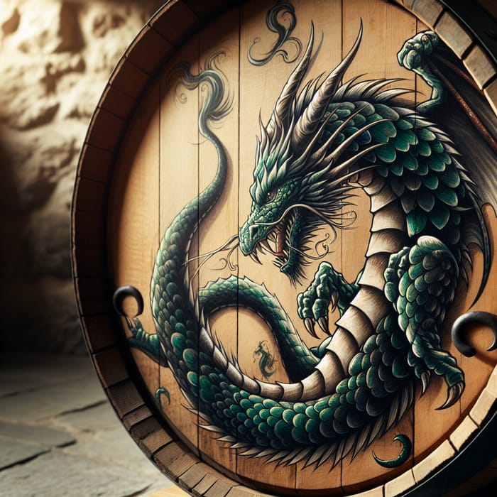 Intricately Illustrated Dragon Coiled Around Wooden Wine Barrel