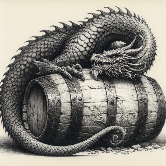 Intricately Detailed Pencil Drawn Dragon Coiled Around Weathered Wine Barrel