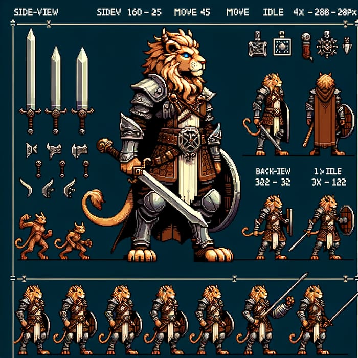 Detailed Pixel Art Sprite Sheet of Lion Humanoid for Dungeons & Dragons RPG