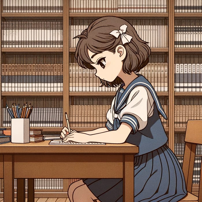 Anime Schoolgirl Writing in Hayao Miyazaki Style at Library