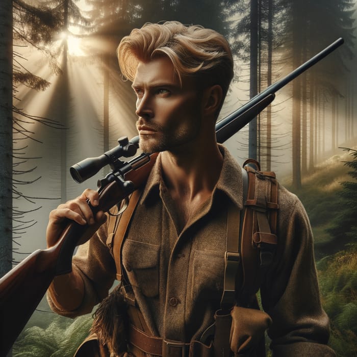 Tall Blond Hunter with Gun in Forest