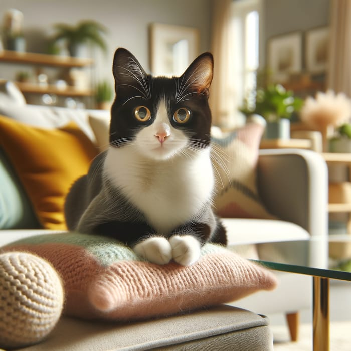 Cozy Black and White Domestic Cat in Modern Living Room