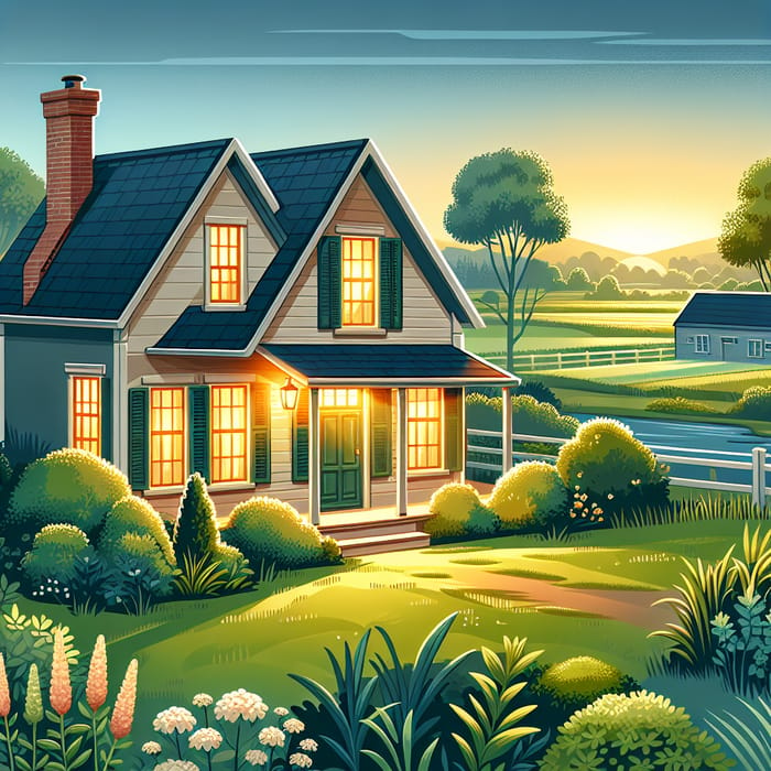 Charming Countryside House with Illuminated Window | Peaceful Rural Scene