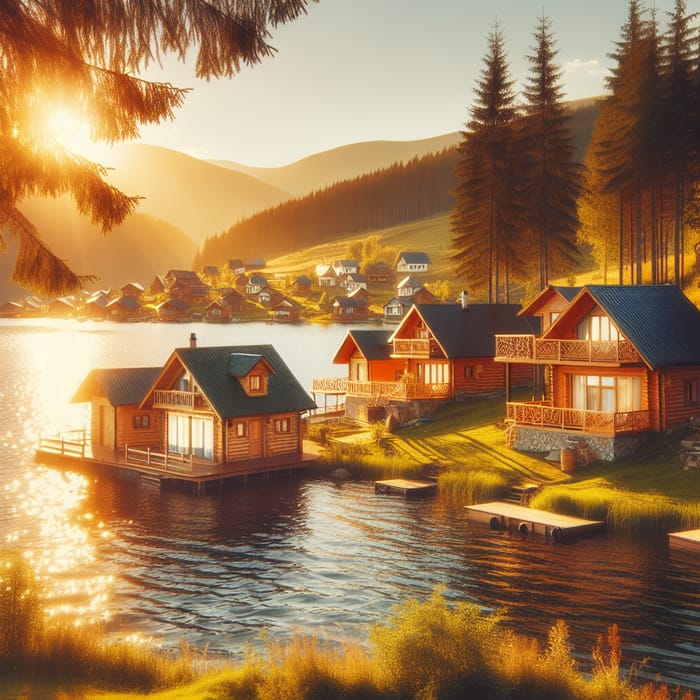 Golden Sunlit Lakeside Cabins for Blissful Summer Retreat