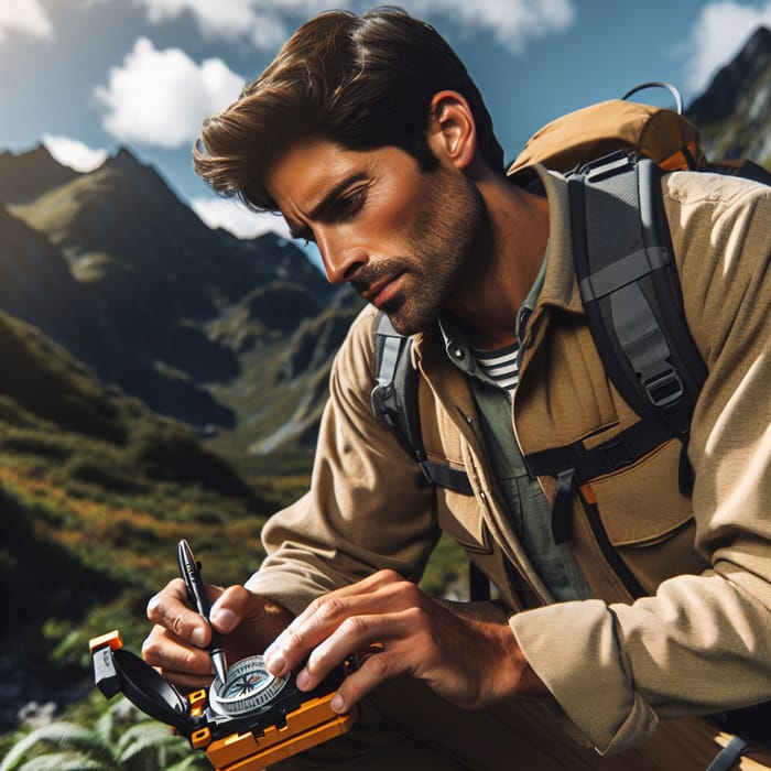 Hispanic Geologist in Mountain Terrain with Compass and Hammer