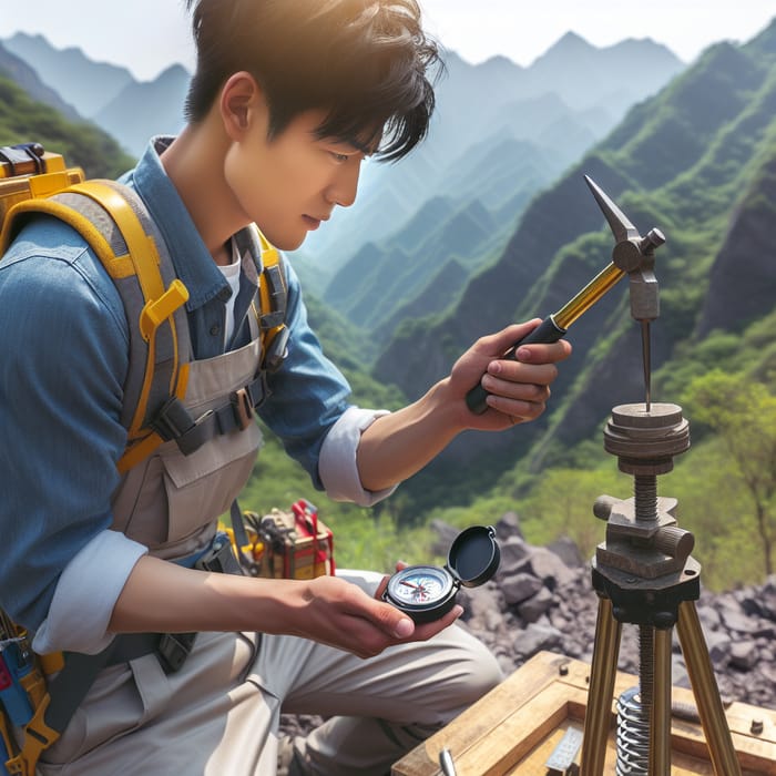 Chinese Geologist Working in Mountains with Compass and Geology Hammer