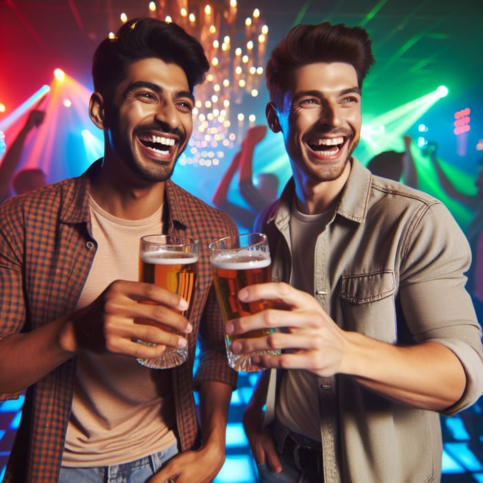 Two Men Cheers with Beer in Colorful Club Atmosphere