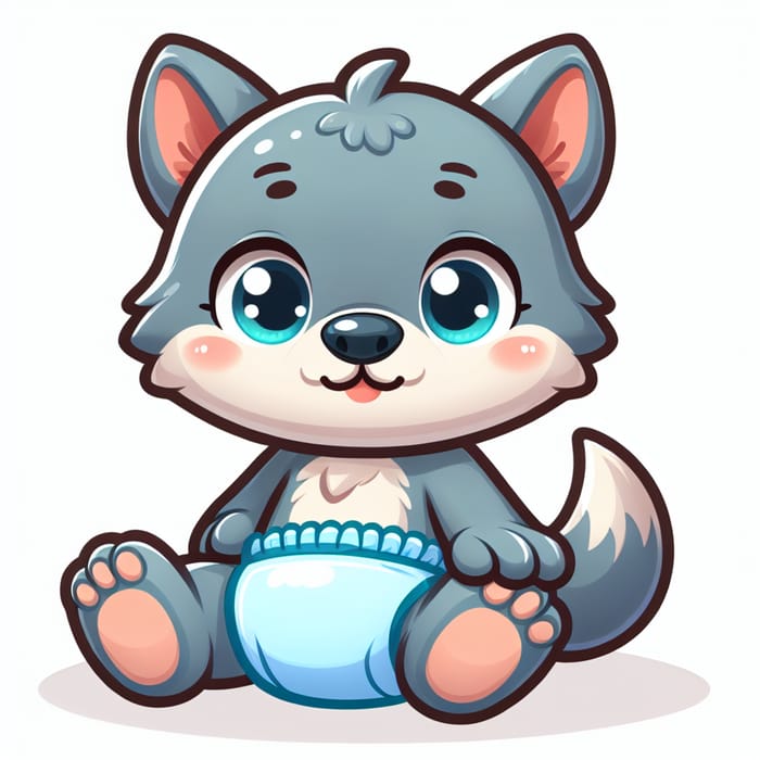 Adorable Cartoon Newborn Wolf in Baby Blue Diaper