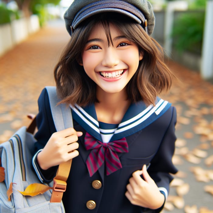 Happy Asian Girl Student Returns Home Smiling