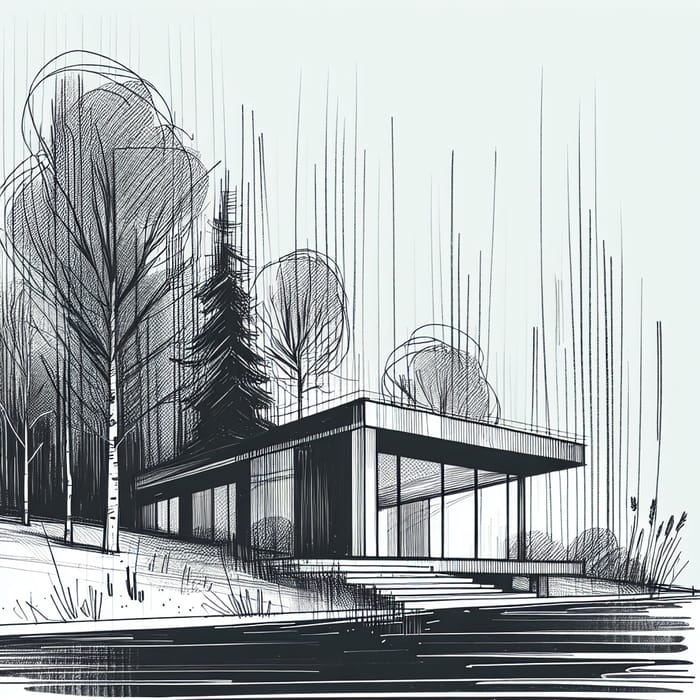 Simple hand-drawn vector drawing in black outline. Lake shore
