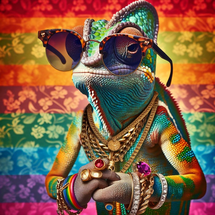 Colorful Anthropomorphic Chameleon with Sunglasses and Gold Chains