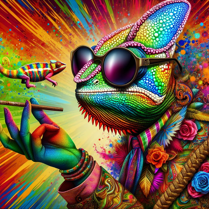Colorful Chameleon-Human Hybrid with Stylish Shades and Accessories