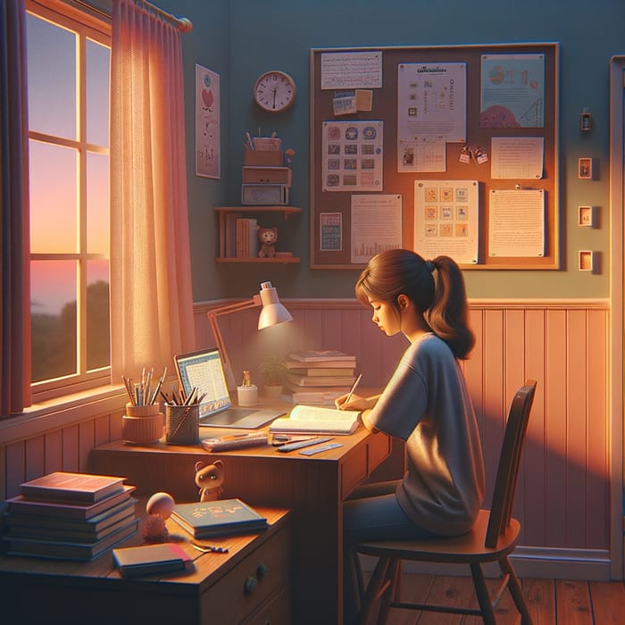 Serene Girl Studying in Cozy Room with Warm Lighting