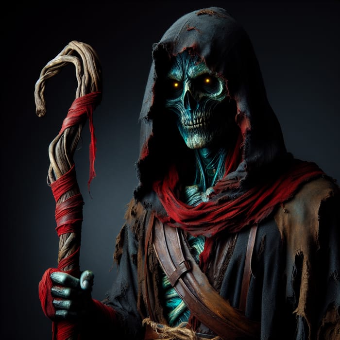 Mystical Undead Figure with Glowing Yellow Eyes and Dark Cloak