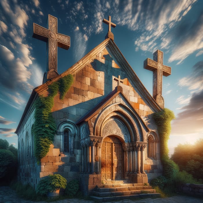 Tranquil Stone Church with Wooden Crosses | Spiritual Serenity