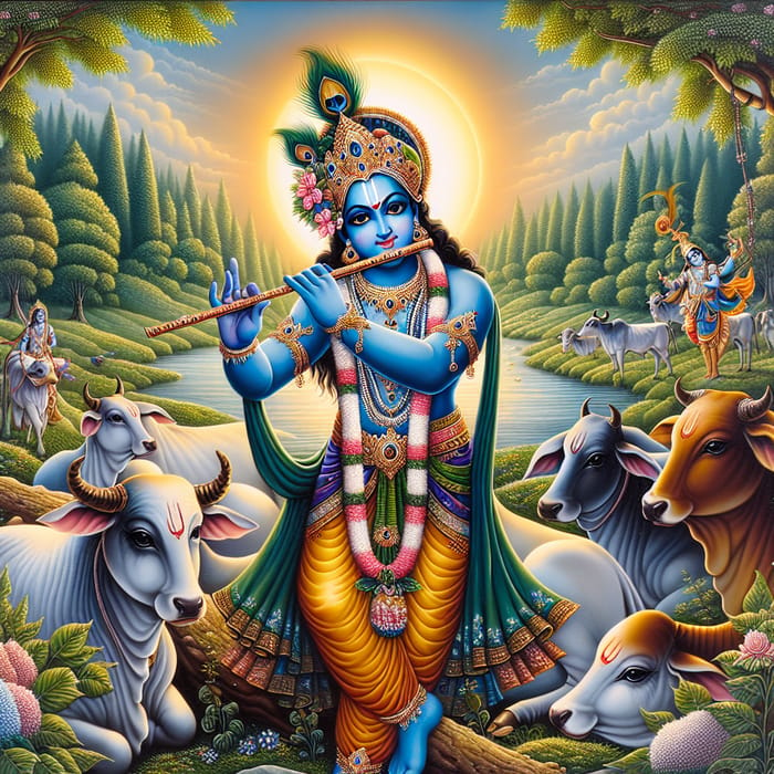 Divine Painting of Lord Krishna with Cows in Serene Setting