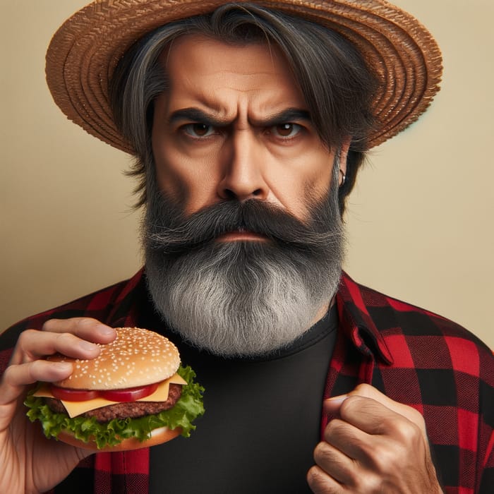Gray Beard Man in Straw Hat with Red & Black Shirt Holding Hamburger, Angry