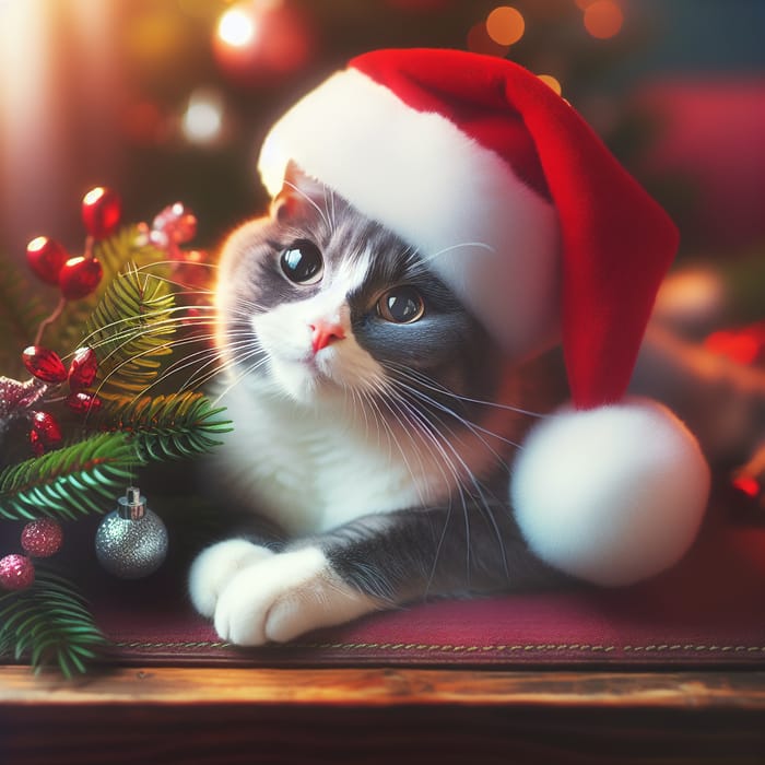 Gray & White Cat in Festive Christmas Hat | Whimsical Holiday Portrait