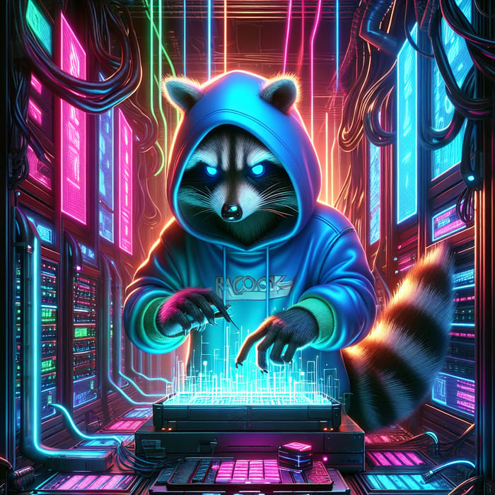 Futuristic Cyber-Themed Data Center with Mischievous Raccoon in Neon Concept Art
