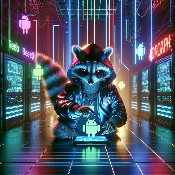 Neon Cyberpunk Data Center with Mischievous Raccoon Hacker